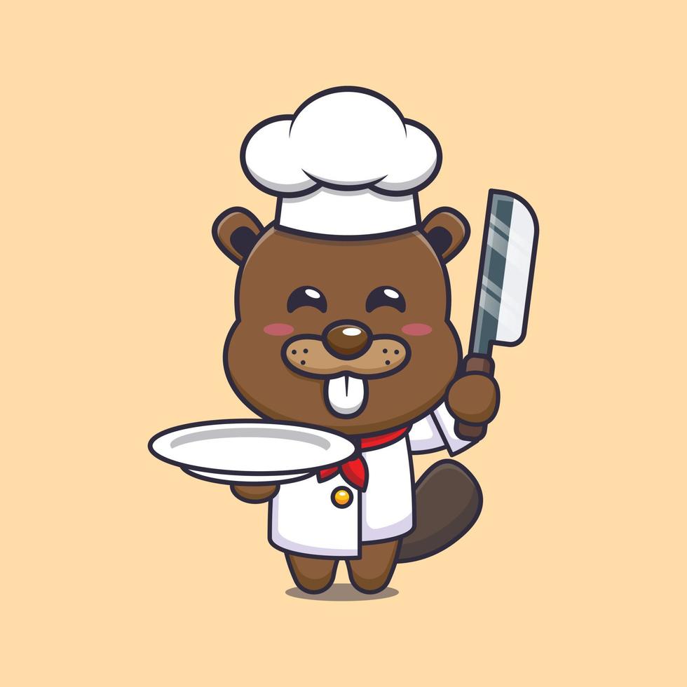 personagem de desenho animado de mascote de chef de castor bonito com faca e prato vetor