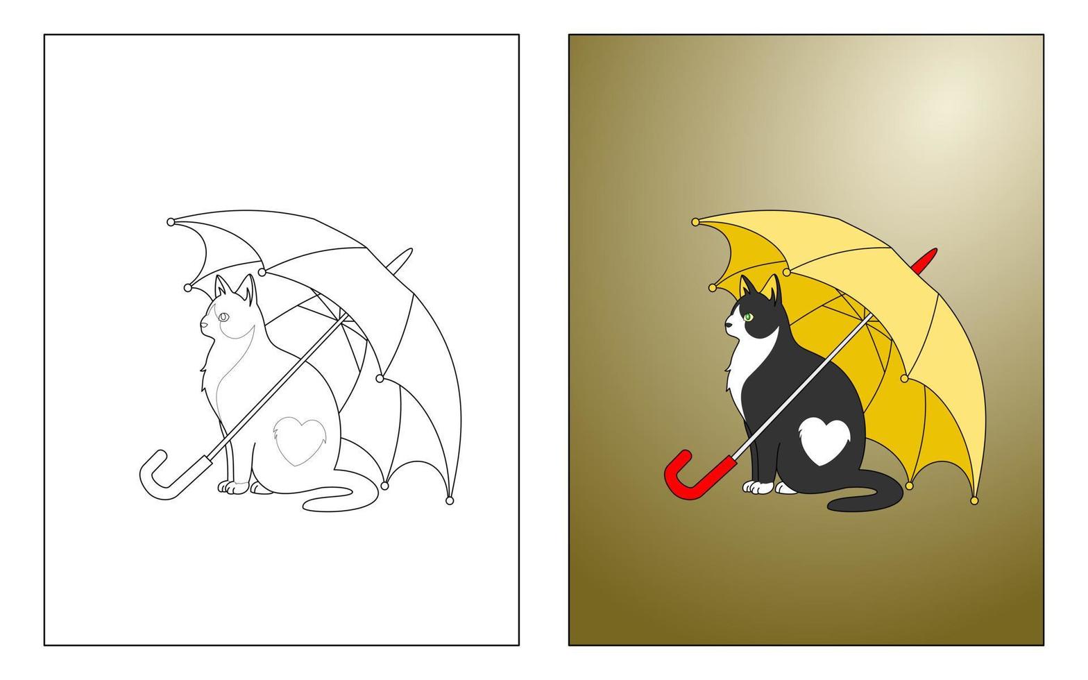 gato e guarda-chuva, livro para colorir ou página, ilustração vetorial vetor