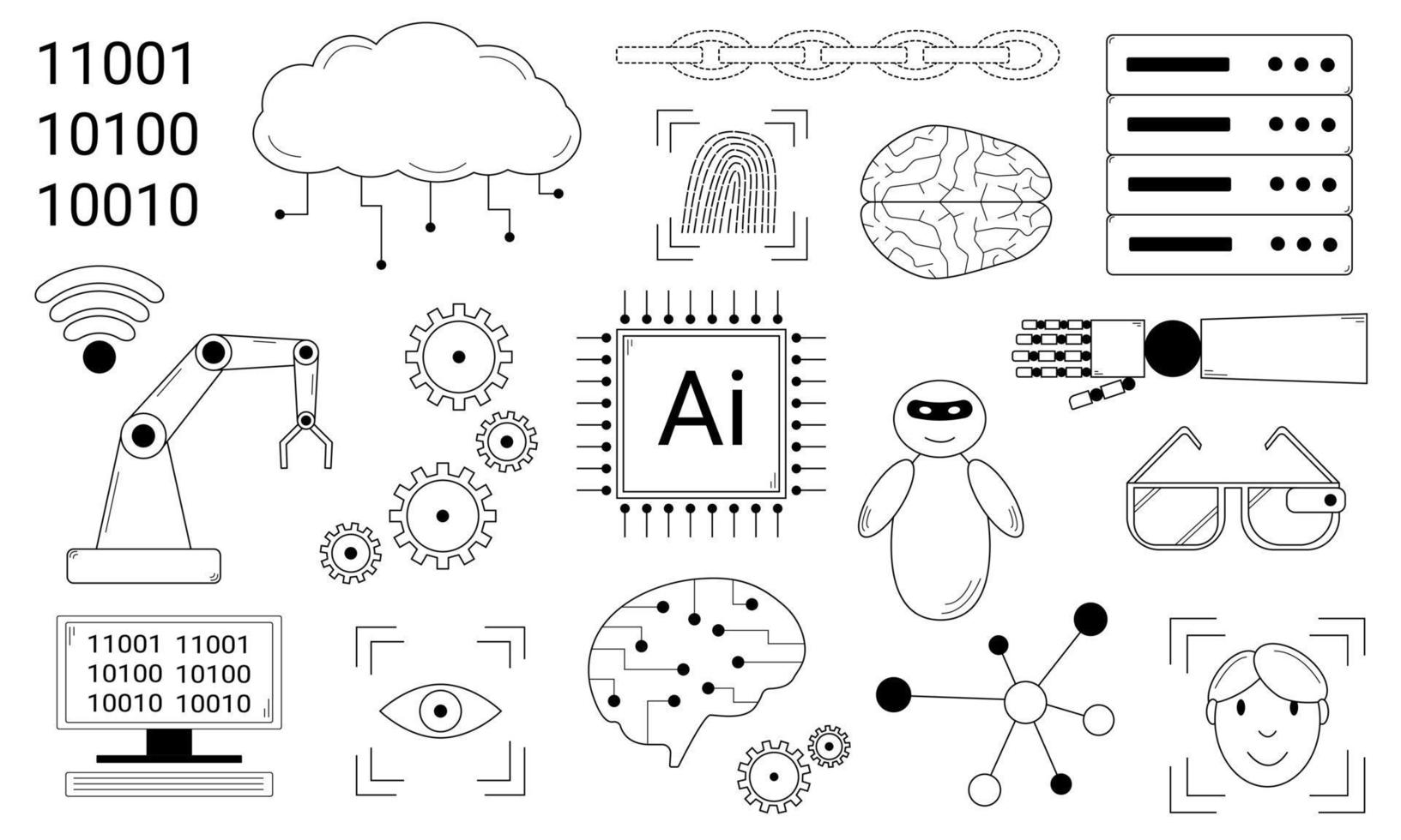 conjunto desenhado à mão de ilustrações sobre inteligência artificial. tecnologias modernas introduzidas na vida humana. vetor