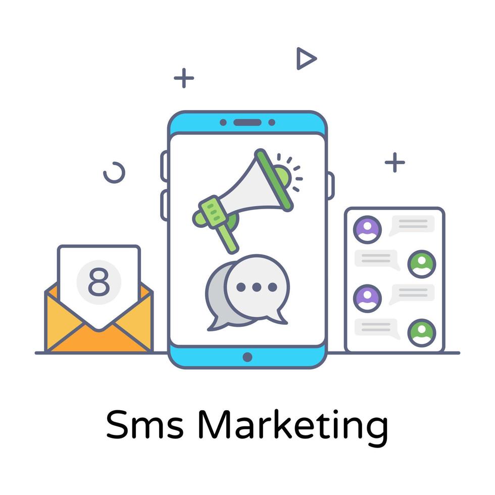 um marketing através de mensagens, vetor de contorno plano de marketing sms