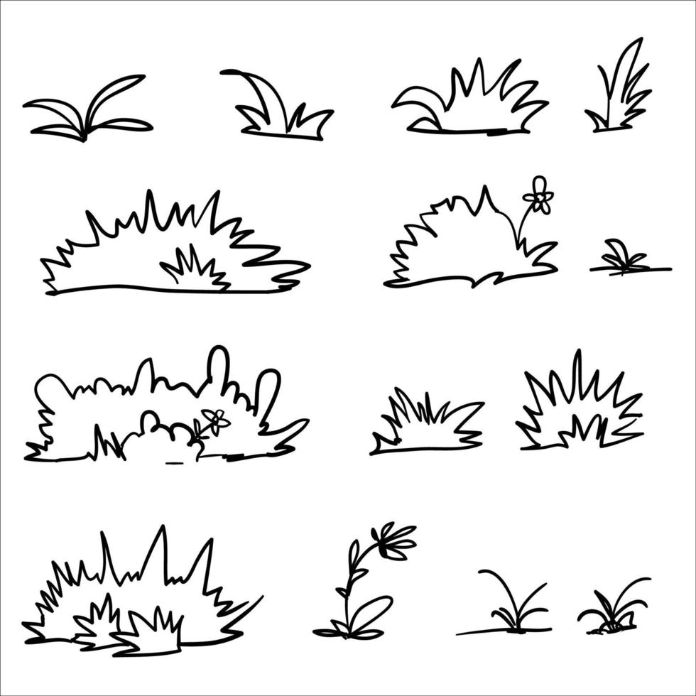 plantas de primavera fresca de grama desenhada à mão, diferentes ervas e arbustos em vetor de estilo de desenho animado doodle