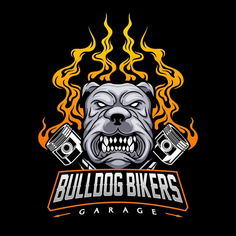 logotipo do moto clube com ilustração de buldogue e pistão vetor