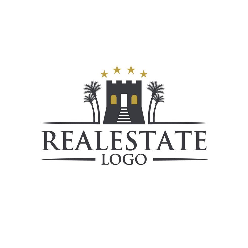 logotipo imobiliário com palmeira e estrelas vetor