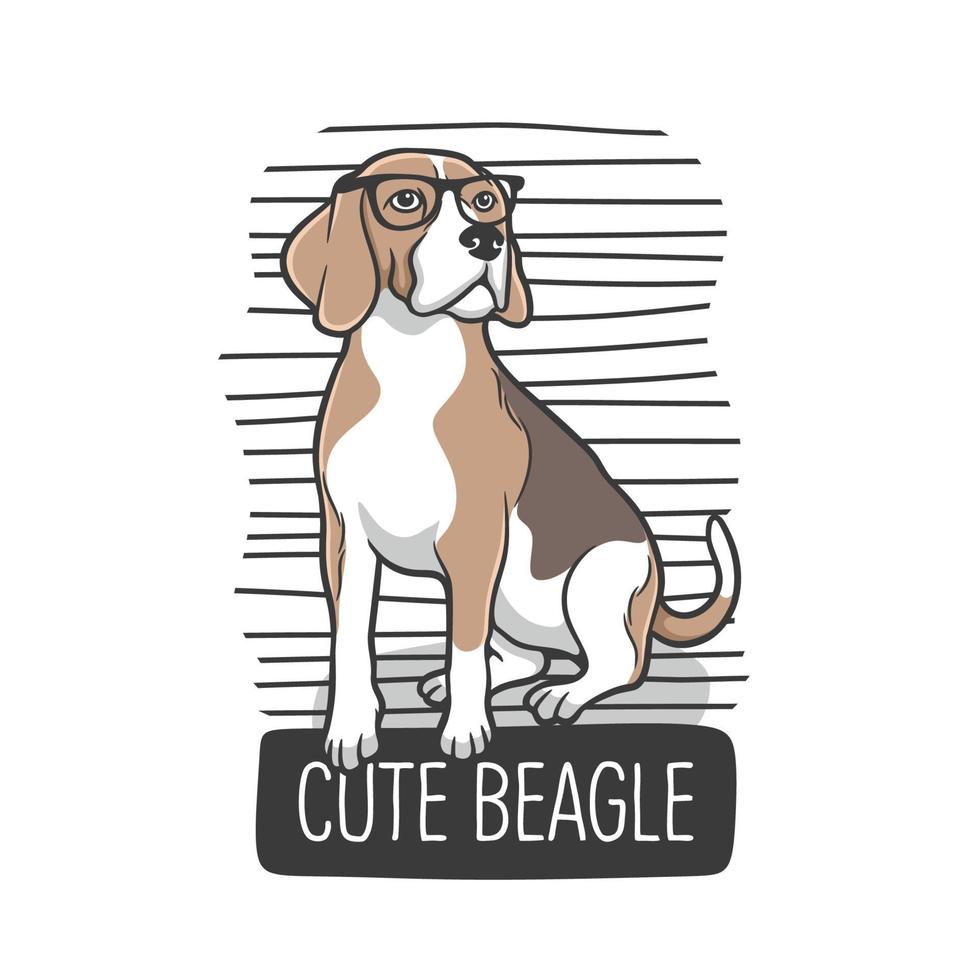beagle bonito está sentado usando óculos escuros com um fundo de listra preta vetor