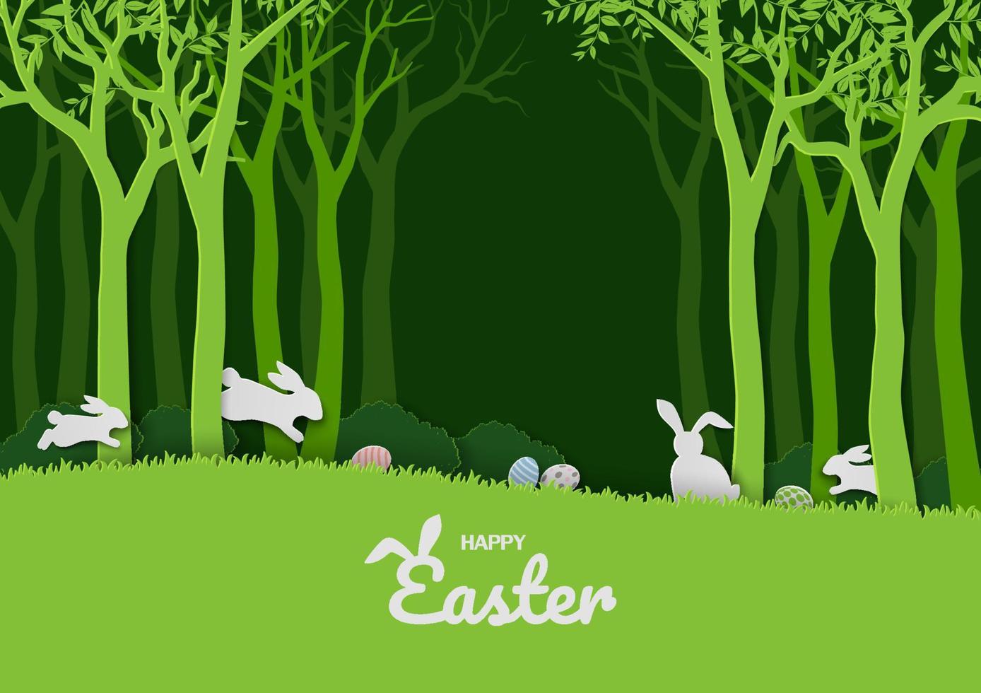 cartão de feliz páscoa com coelhos brancos na floresta de primavera vetor