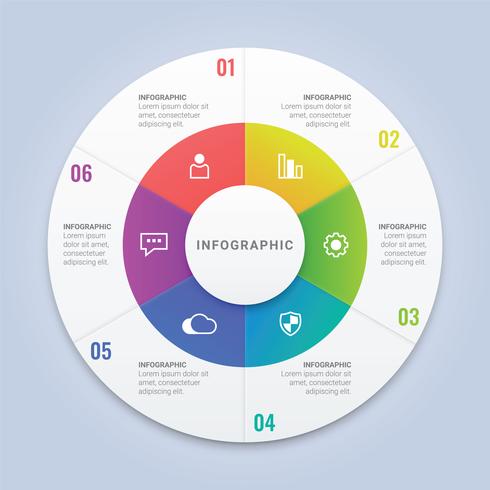 Modelo de círculo de infográfico de vetor com 6 opções de layout de fluxo de trabalho, diagrama, relatório anual, Web Design