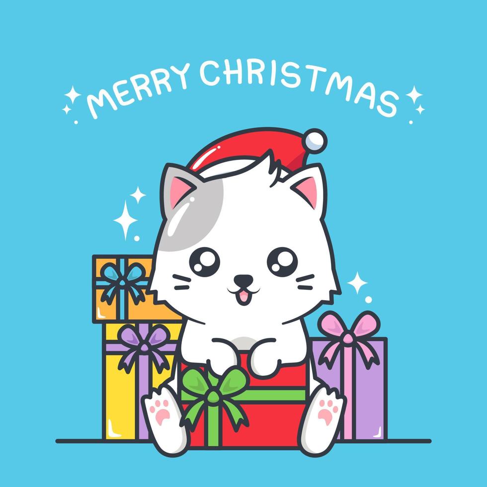 lindo gato de natal com presente vetor