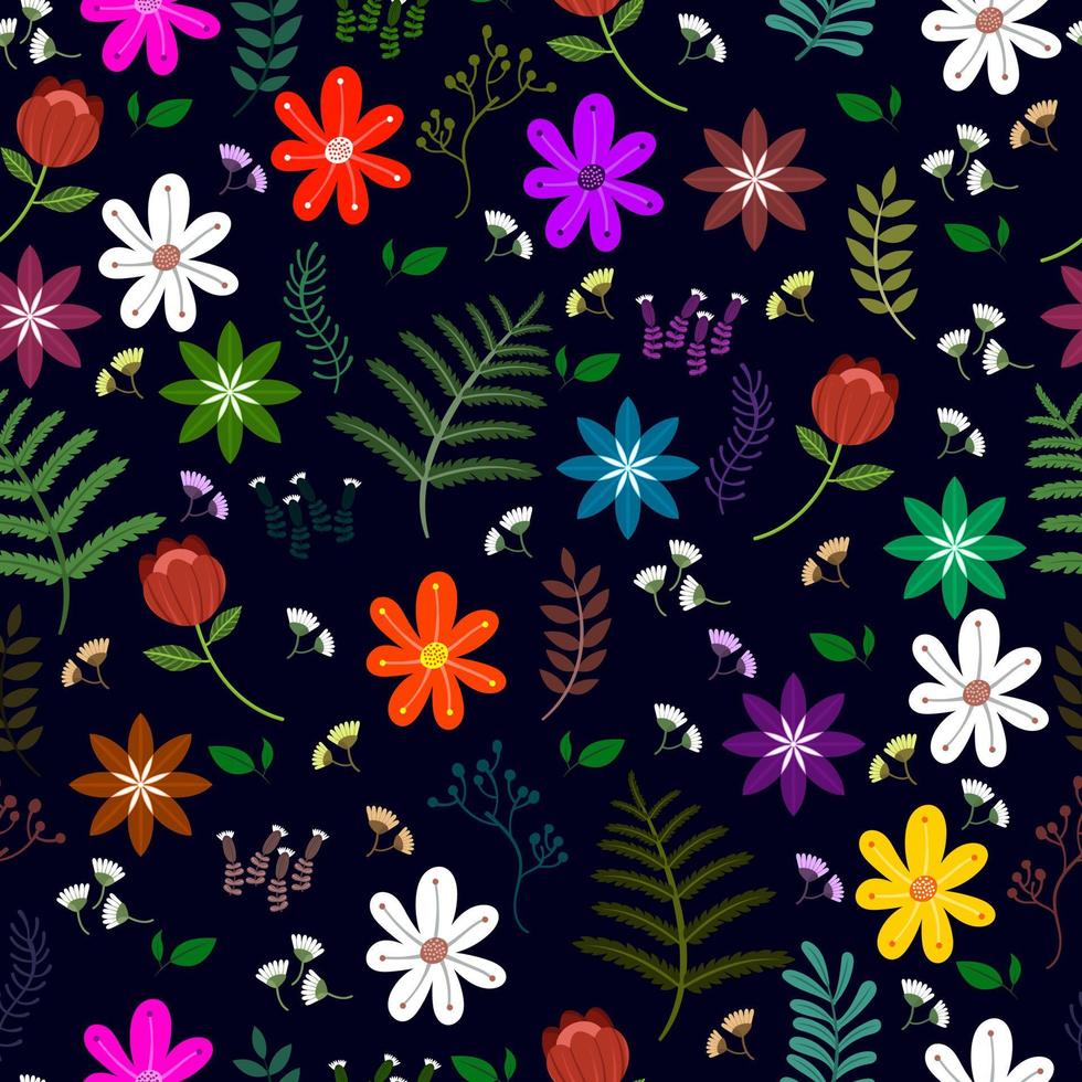 padrão floral e folhagem abstrato colorido sem costura em fundo azul escuro vetor