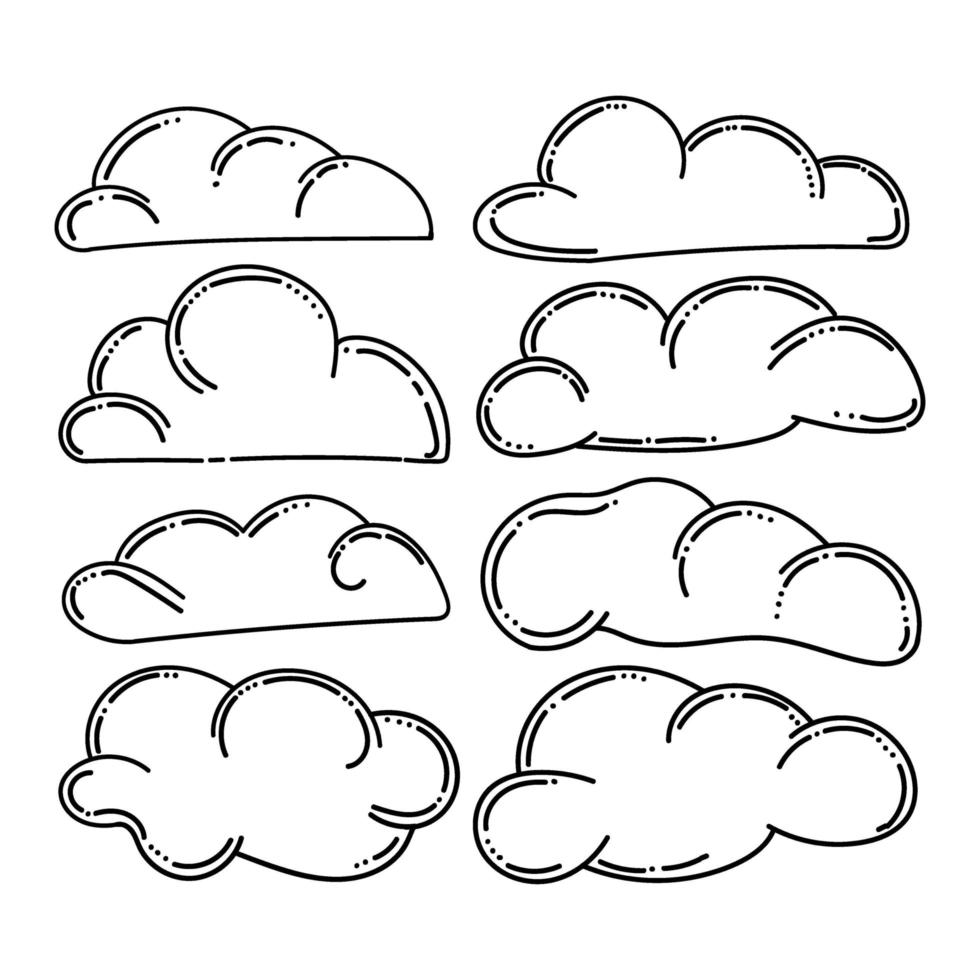 um conjunto de nuvens, elementos desenhados à mão em estilo doodle. nuvem de design, ícone vetorial. elementos vetoriais simples. ilustração vetorial bonitinha. vetor