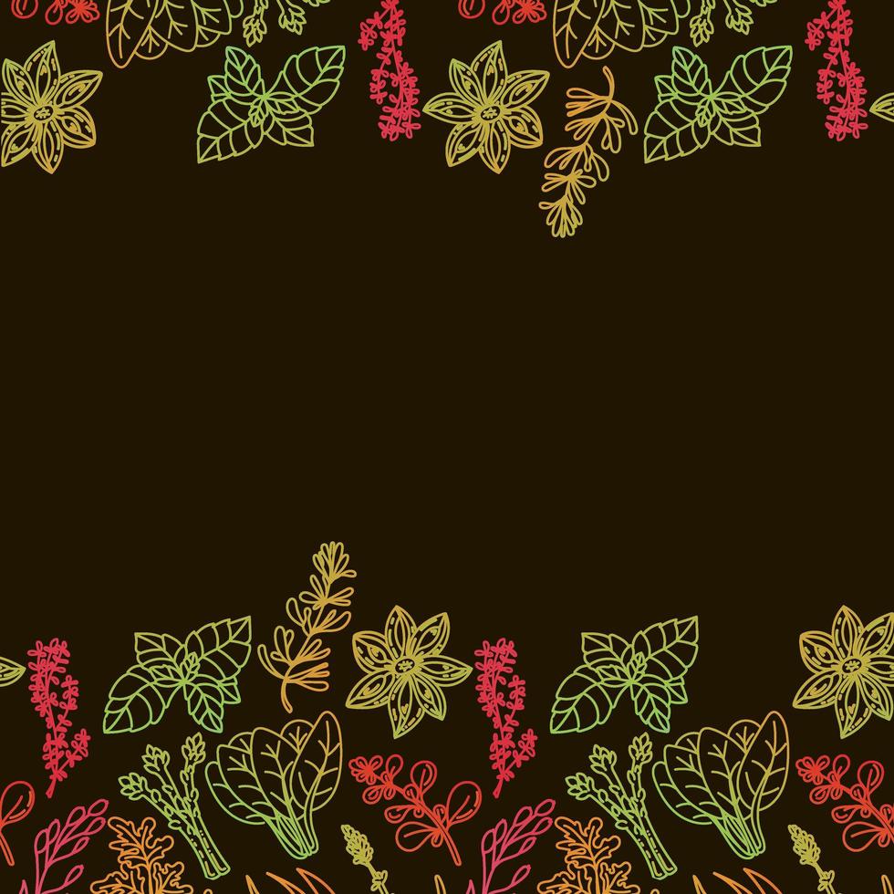 fronteira de modelo para embalagens de ervas e especiarias, elemento desenhado no estilo de um doodle. silhuetas em cores do arco-íris. ervas e especiarias - pimentão, baunilha, bérberis, alecrim, louro, etc. vetor