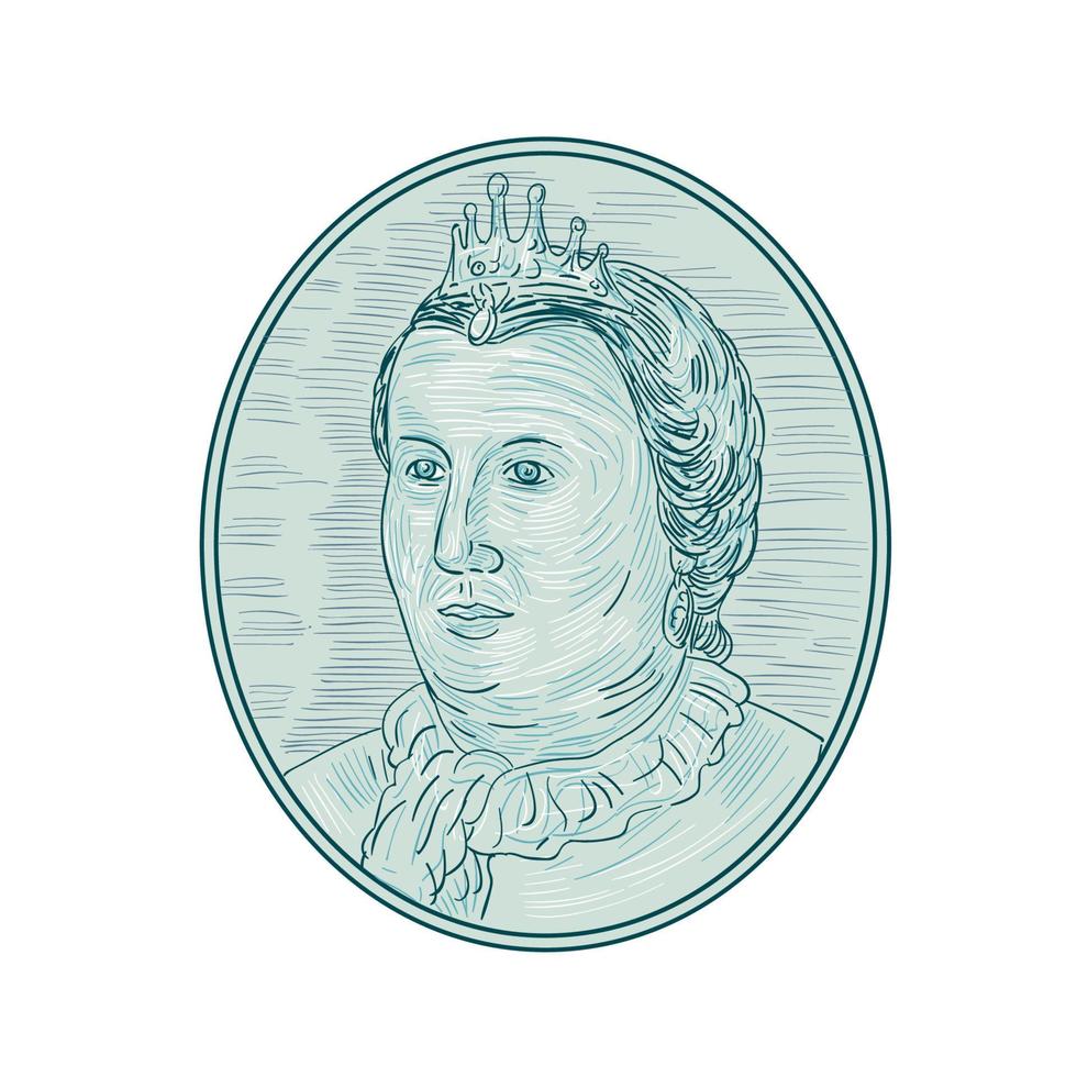 desenho oval do busto da imperatriz europeia do século XVIII vetor