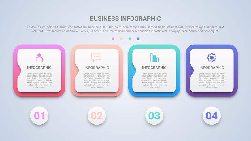 Modelo moderno de infográfico 3D para negócios com quatro etapas rótulo multicolor vetor