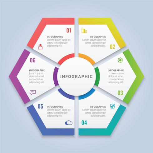 Modelo de infográfico Hexágono colorido com seis opções para Layout de fluxo de trabalho, diagrama, relatório anual, Web Design vetor