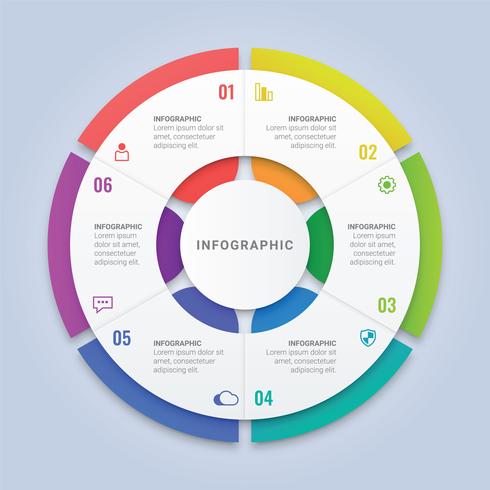 Modelo de infográfico de círculo com seis opções para Layout de fluxo de trabalho, diagrama, relatório anual, Web Design vetor