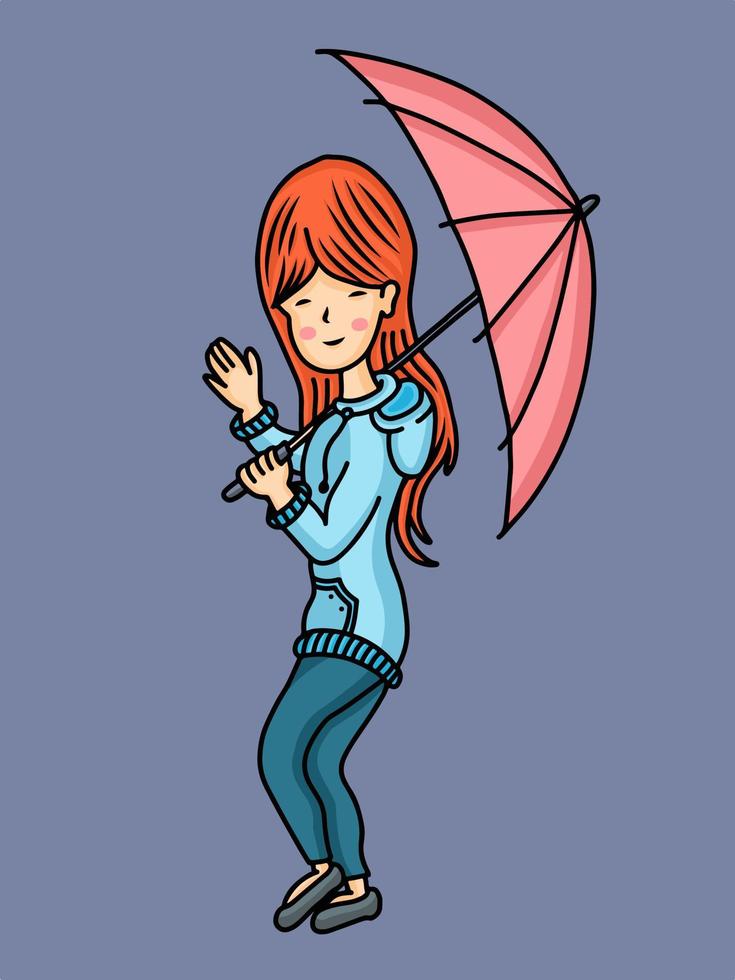 ilustração gráfica vetorial de uma menina cumprimentando enquanto segura um guarda-chuva para necessidades de design ou produtos como livros infantis e outros. ilustração plana simples. vetor
