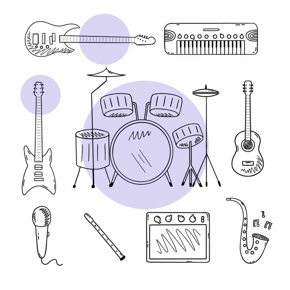instrumento musical. conjunto de ilustrações de doodle. guitarra, bateria, sintetizador. vetor