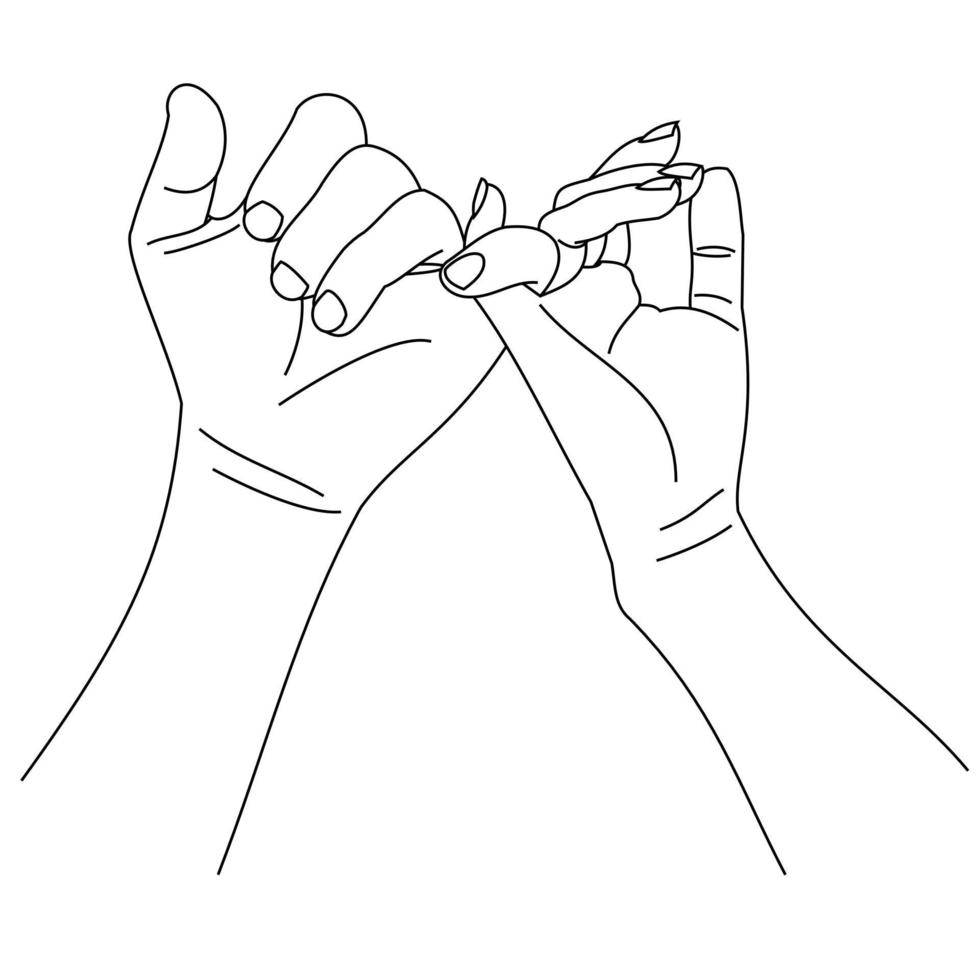 linha de ilustração desenhando mãos fazendo promessa como um conceito de amizade. casal apaixonado de mãos dadas. mãos de duas pessoas juntam seus dedinhos. design de promessa mindinho para camisa ou jaqueta vetor