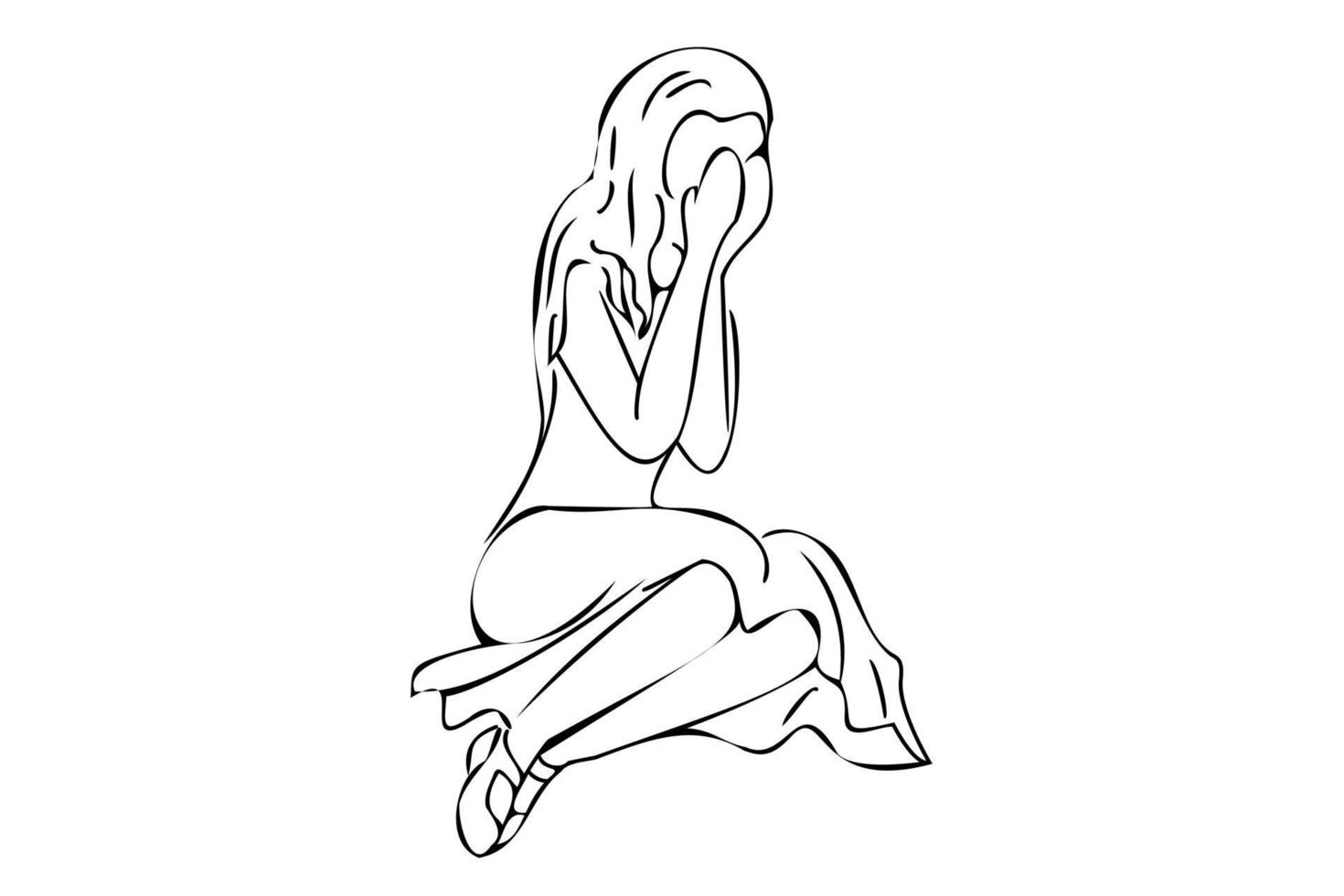 menina chorando, ilustração vetorial de contorno. menina triste sentada no chão com saia, segurando a cabeça com as mãos. ilustração em vetor arte linha simples.