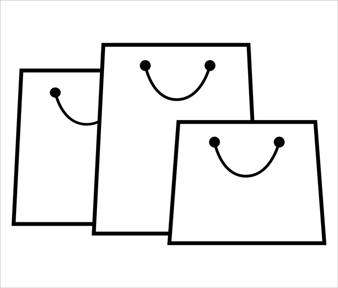 ícone preto e branco de sacolas de compras. sacos de papel de compras com alças. ilustração de linha fina preta isolada no fundo branco. contorno plano, ícone de vetor de sacos de arte de linha.