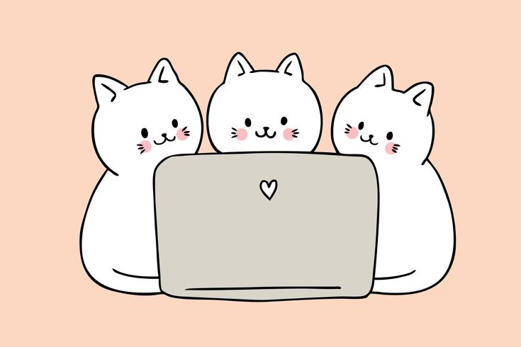 Gatos bonitos dos desenhos animados que jogam o vetor do computador.