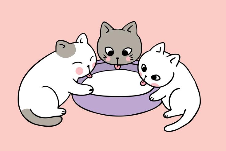 Os gatos bonitos dos desenhos animados bebem o vetor do leite.