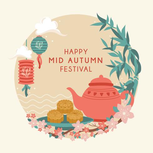 Mid Autumn Festival com bonito bule, bolo de lua, lanterna, coelho, bambu, cereja Bloom, Chuseok / Hangawi Festival. Dia de ação de Graças, vetor - ilustração