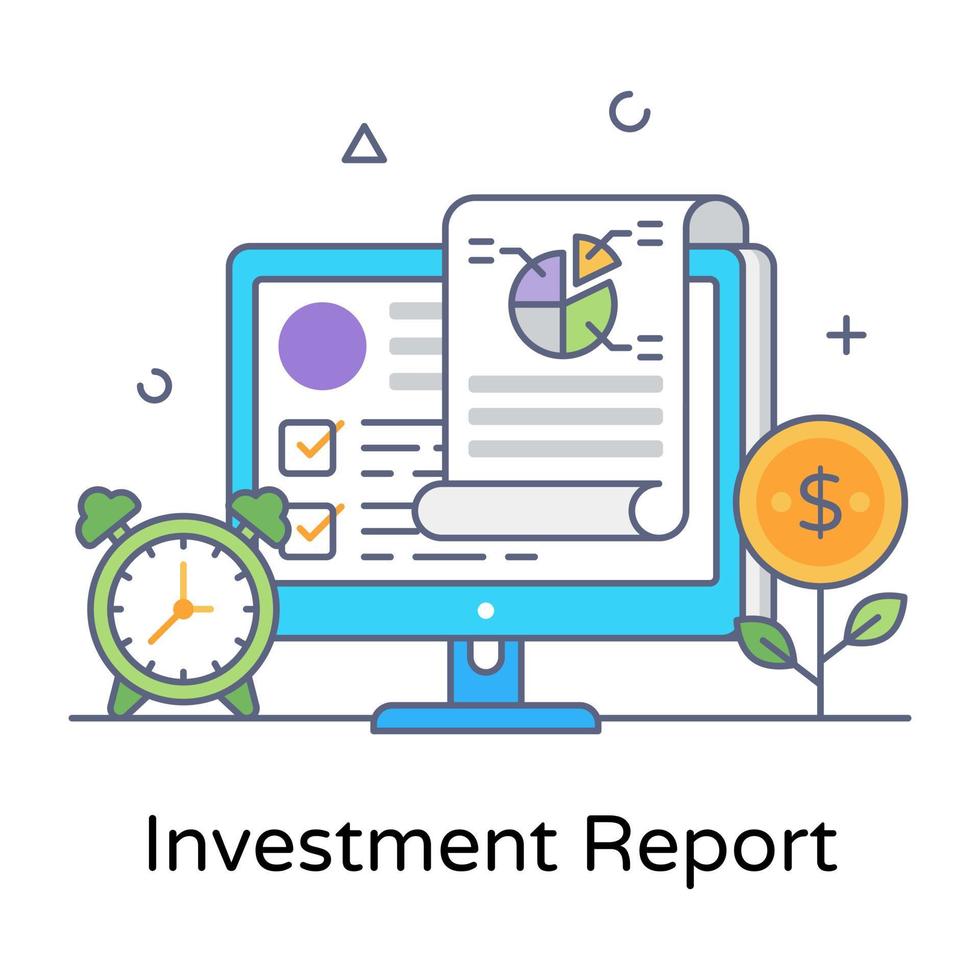 documento dentro do monitor denotando ícone plano do relatório de investimento vetor