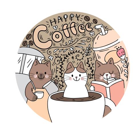 Gato bonito dos desenhos animados e vetor do café. Quadro de círculo Doodle.