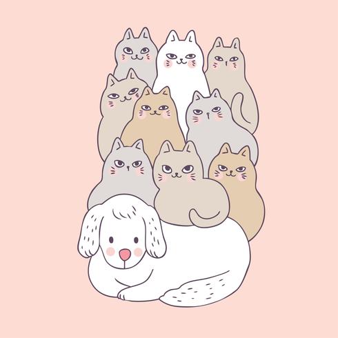 Vetor bonito do cão e dos gatos dos desenhos animados.