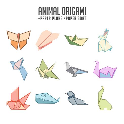 Conjunto de origami animal colorido e papel barco e avião de papel vetor