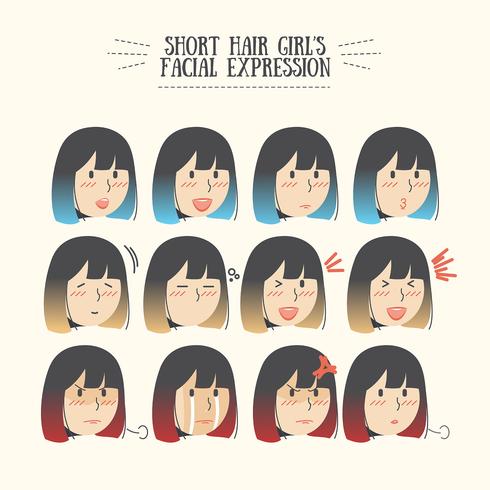 Menina bonito do cabelo curto de Ombre de Kawaii com vário grupo do Emoticon da expressão facial vetor