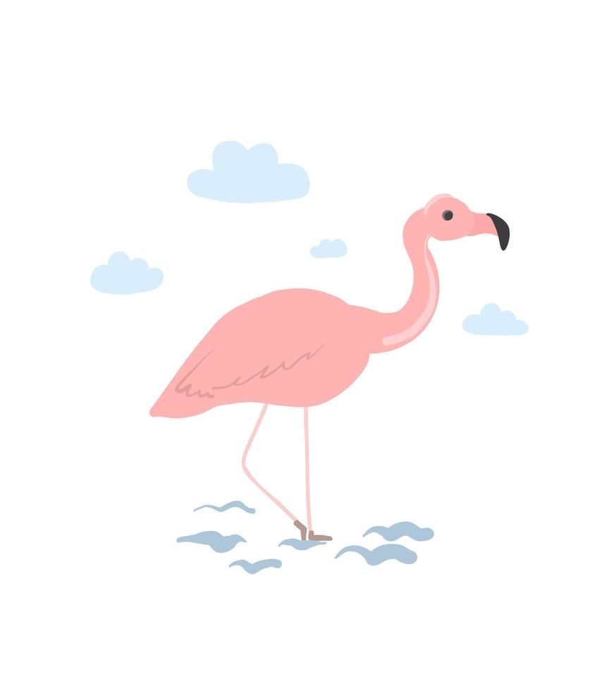 flamingo rosa em um fundo branco. flamingo desenhado à mão com nuvens. ilustração infantil vetor