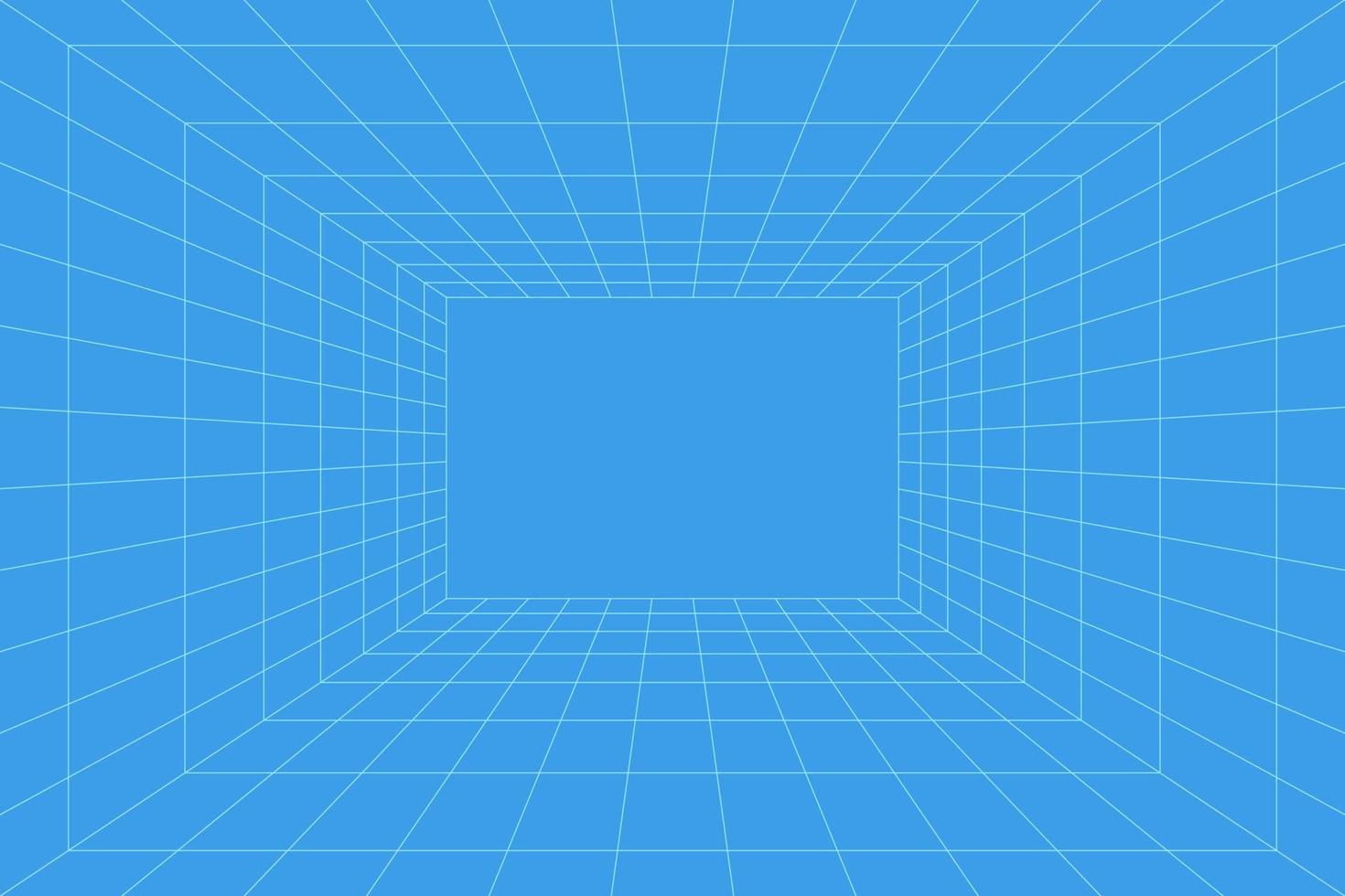 sala de grade em perspectiva, ilustração vetorial em estilo 3d. wireframe interno de linhas azuis, quadrado interior de modelo, caixa vazia digital. design de fundo mínimo vetor