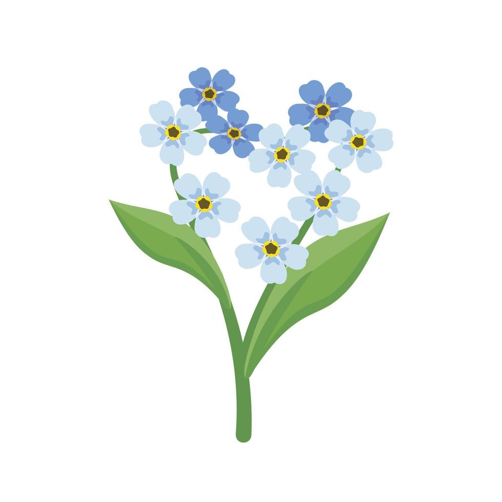pequeno azul não me esqueça flores em forma de coração com caules e folhas. plantas com flores de campo. decoração romântica para casamento e design. ilustração vetorial plana vetor