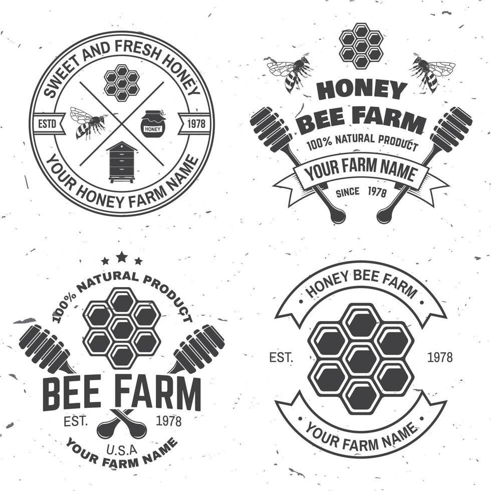 conjunto de distintivo de fazenda de abelhas. vetor. conceito para camisa, carimbo ou camiseta. design de tipografia vintage com abelha, pedaço de favo de mel, colmeia e silhueta de concha de mel. design para negócios de fazenda de abelhas vetor