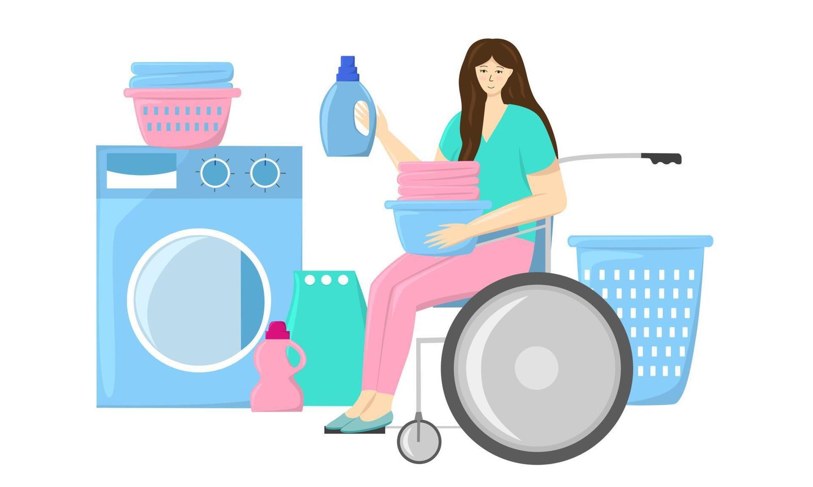 mulher com deficiência em cadeira de rodas fazendo ilustração vetorial de lavanderia vetor