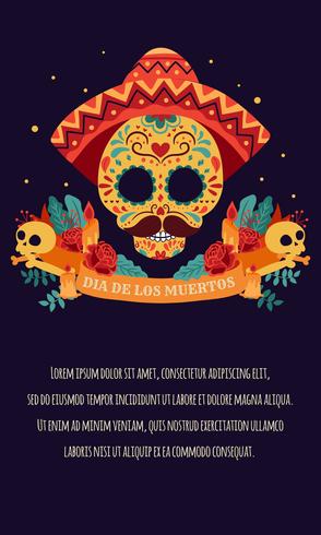 Crânio de açúcar Poster com fita, rosas vermelhas, dia da vela dos mortos, Dia de Los Muertos, banner com flores coloridas mexicanas. Fiesta, cartaz de férias, panfleto de festa, cartão engraçado - ilustração vetorial vetor