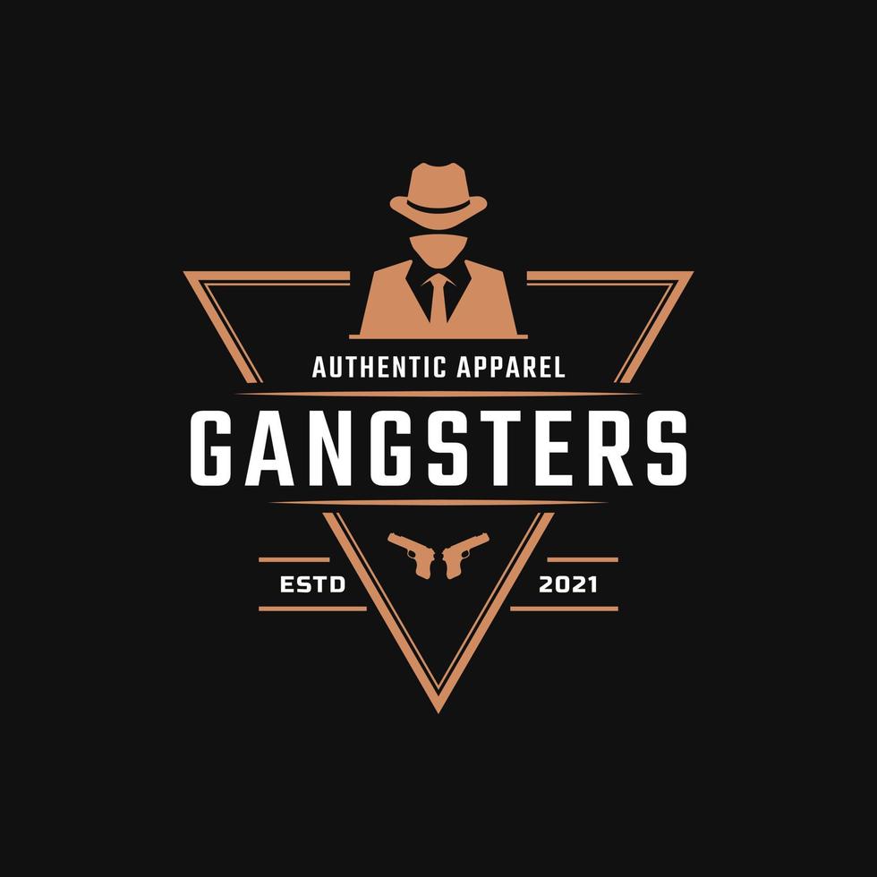 distintivo de rótulo retro vintage clássico para gangsters e inspiração de design de logotipo da máfia. homem de terno preto símbolo vetor