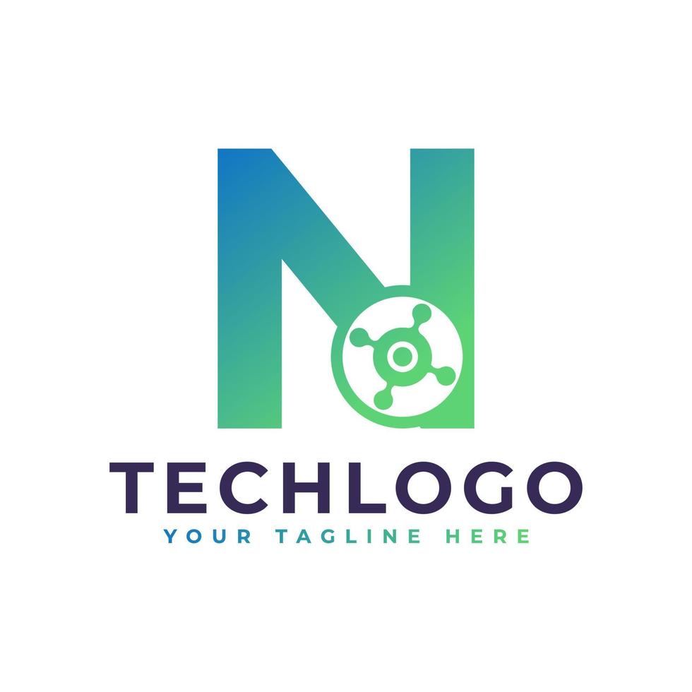 logotipo da letra n técnica. forma geométrica verde com círculo de pontos conectado como vetor de logotipo de rede. utilizável para logotipos de negócios e tecnologia.