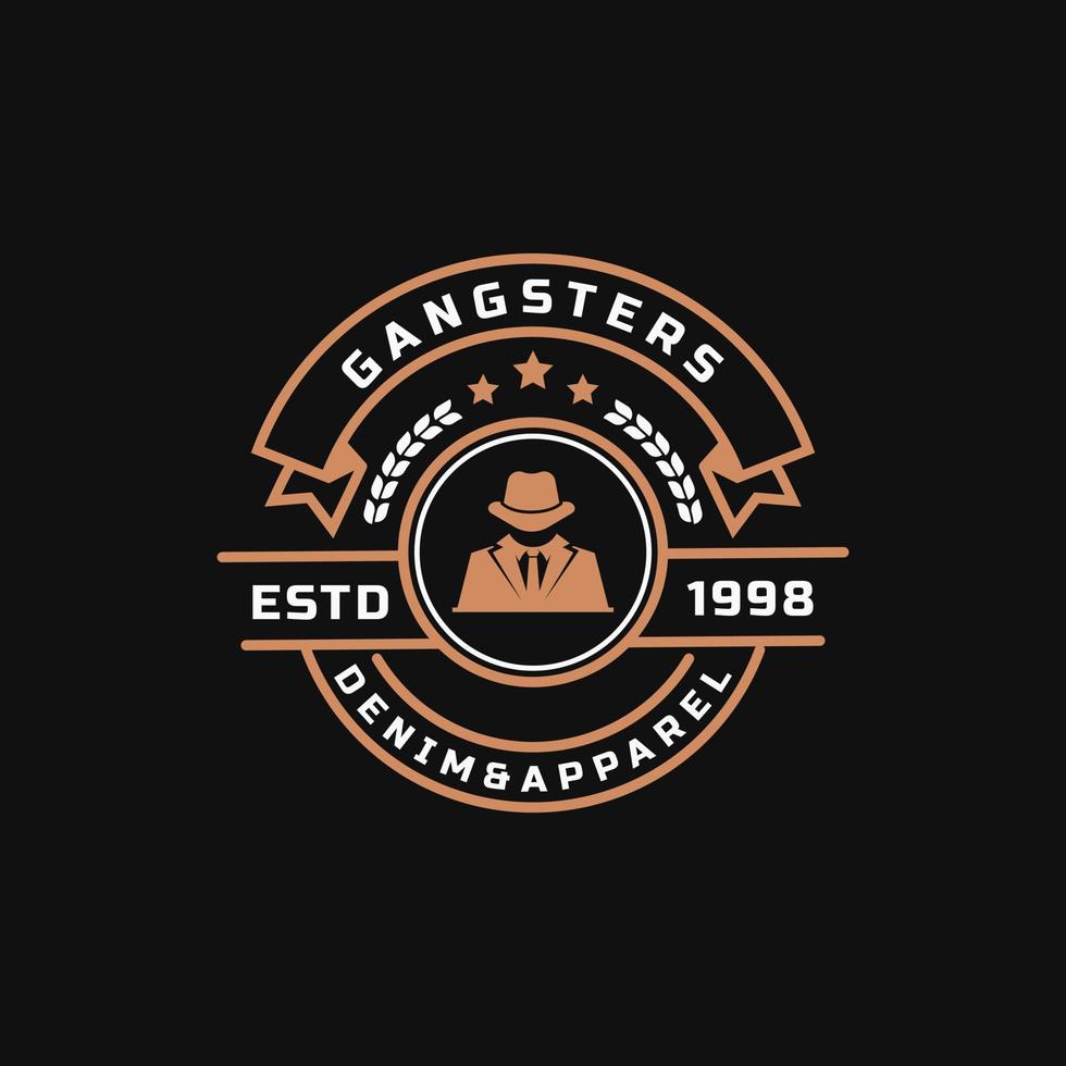 distintivo retrô vintage para gangsters e mafiosos em símbolo de design de emblema de logotipo de terno preto vetor