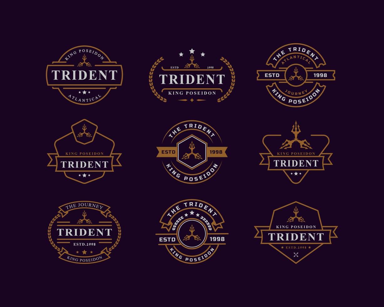 emblema retro vintage para tridente deus netuno poseidon triton rei lança logotipo emblema design símbolo conjunto de emblema retro vintage para tridente deus netuno poseidon triton rei lança logotipo emblema design símbolo vetor