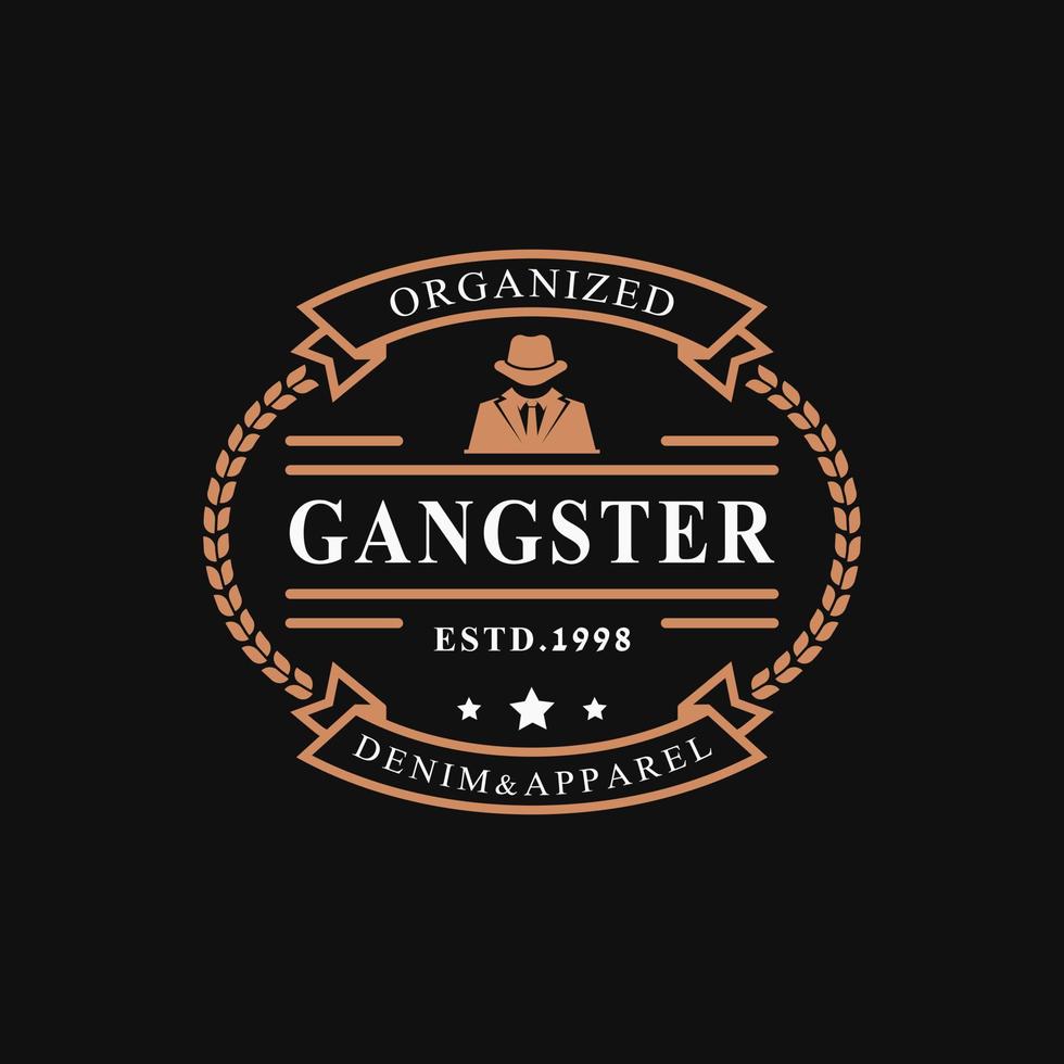 distintivo retrô vintage para gangsters e mafiosos em símbolo de design de emblema de logotipo de terno preto vetor