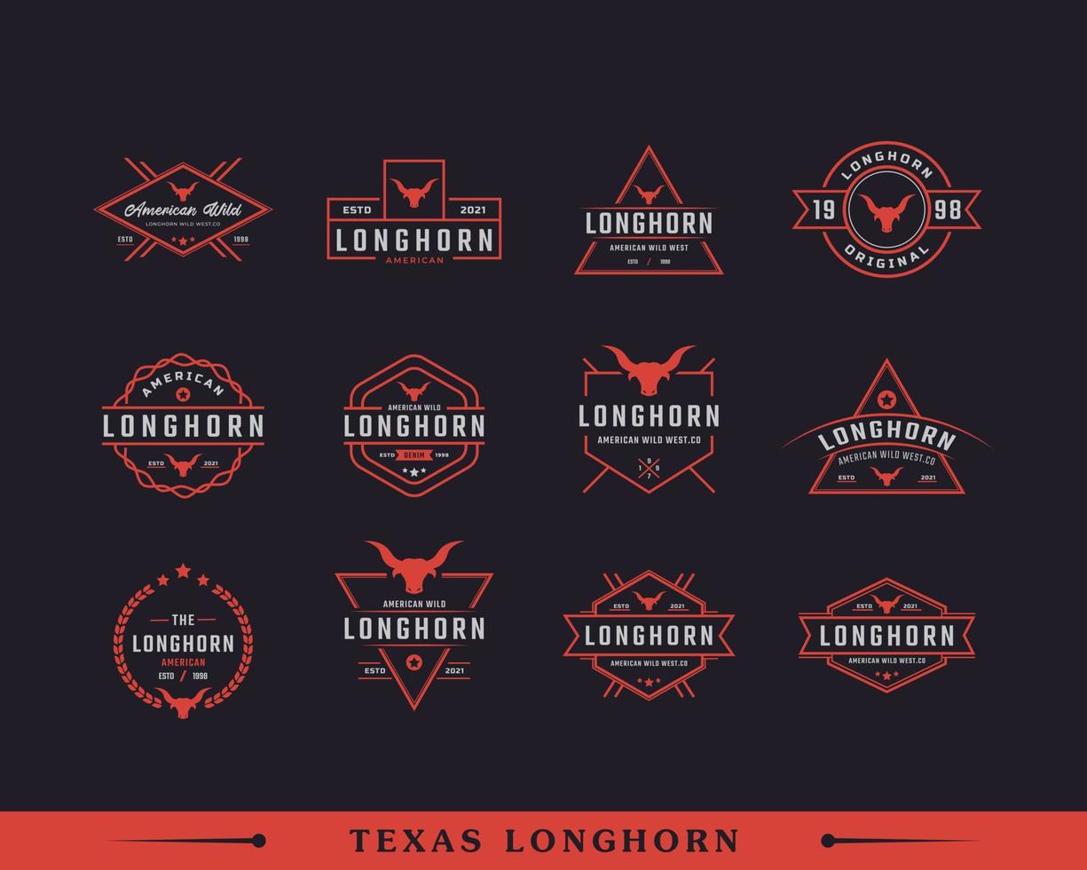 conjunto de emblema de rótulo retro vintage clássico para texas longhorn western cabeça de touro família rural inspiração de design de logotipo vetor