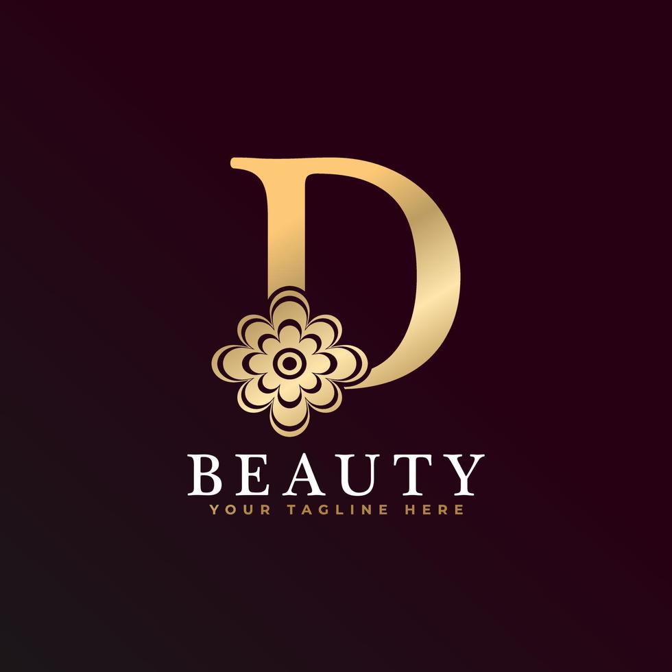 logotipo de luxo elegante d. logotipo do alfabeto floral dourado com folhas de flores. perfeito para moda, joias, salão de beleza, cosméticos, spa, boutique, casamento, carimbo de carta, logotipo de hotel e restaurante. vetor