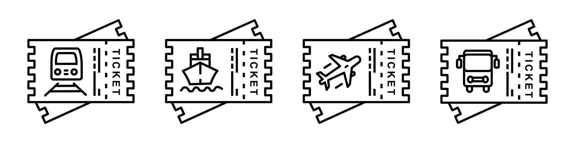 ícone do vetor definir bilhete de transporte, avião, trem, navio, ônibus. bilhete de ilustração de ícone vetorial
