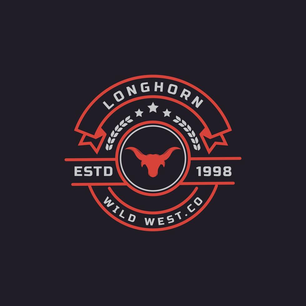distintivo retrô vintage para vaca texas longhorn, elemento de modelo de design de logotipo de fazenda de campo de família de cabeça de touro ocidental do país vetor