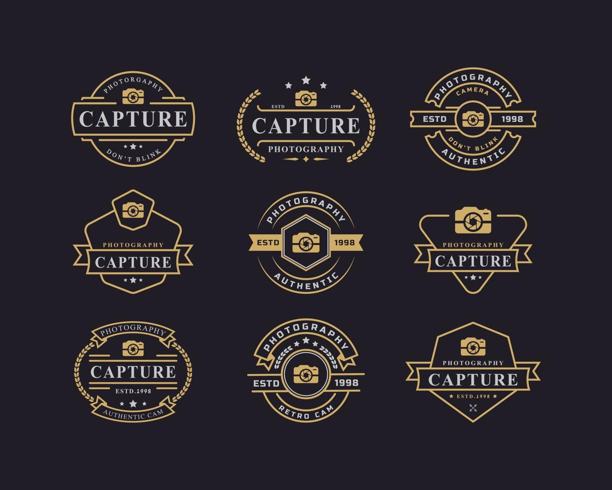 conjunto de emblema retrô vintage para logotipo de fotografia com símbolo de design de emblema de logotipo de câmera vetor