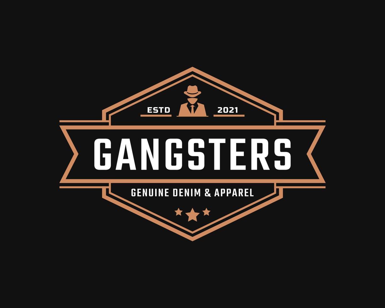 distintivo de rótulo retro vintage clássico para gangsters e inspiração de design de logotipo da máfia. homem de terno preto símbolo vetor