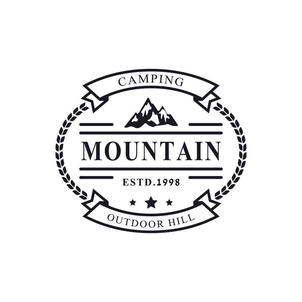 distintivo retrô vintage para símbolo de montanha rochosa de neve de gelo. riacho rio monte pico colina natureza logotipo emblema vetor