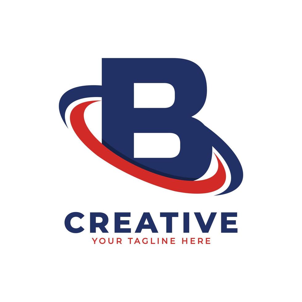 logotipo da corporação letra b com elemento de modelo de vetor de ícone de órbita swoosh círculo criativo na cor azul e vermelha.